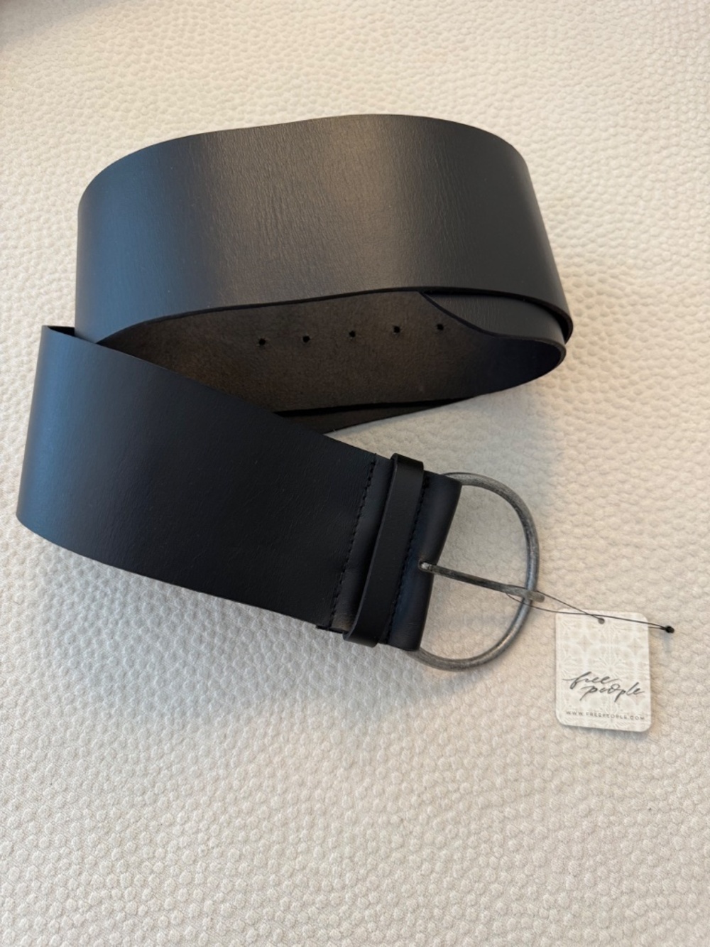 NWT Free People Black Leather Belt M/L Hammered Silver Oval Buckle Boho $68